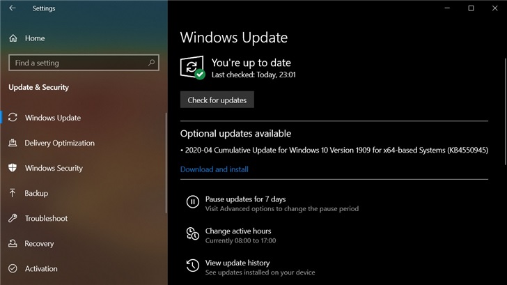 win10 1909更新补丁KB4550945可选推送 修复大量漏洞插图