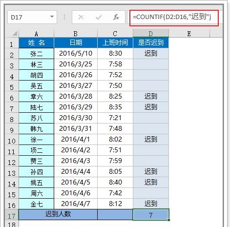 怎么用excel统计没有迟到和迟到人数插图2