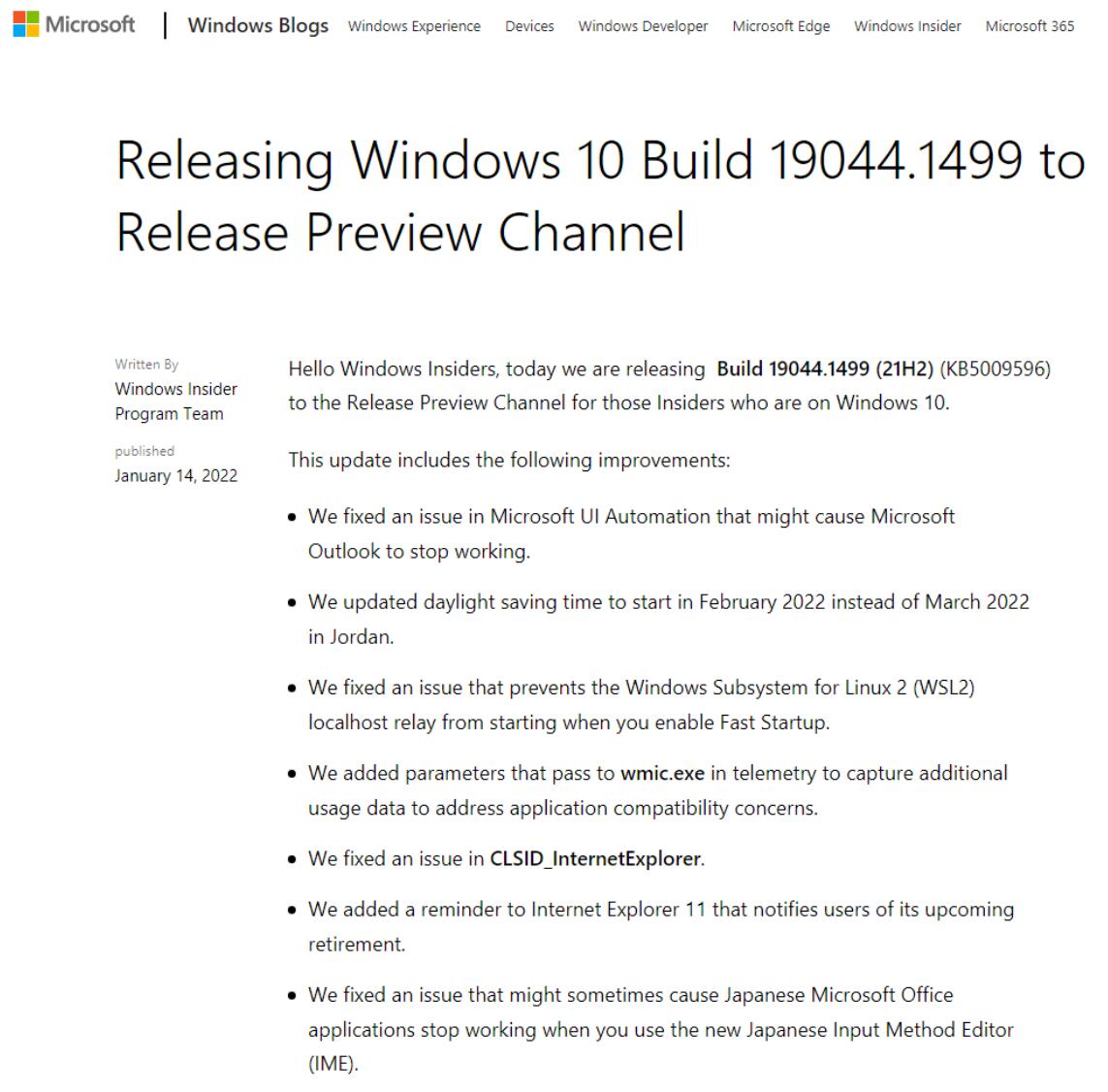 Win10 Build 19044.1499预览版更新推送补丁KB5009596(附更新修复内容汇总)插图