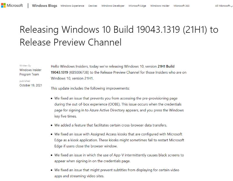 Win10 Build 19044.1319(21H1)预览版发布 修复 Bug提高安全性插图