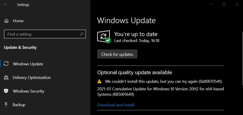 Win10 KB5001649安装失败提示错误代码0x80070541怎么办插图1