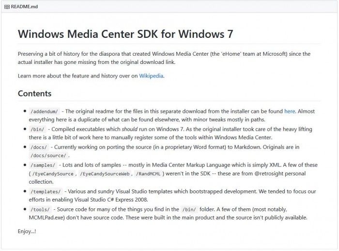 适用于Win7的Windows Media Center SDK在GitHub发布
