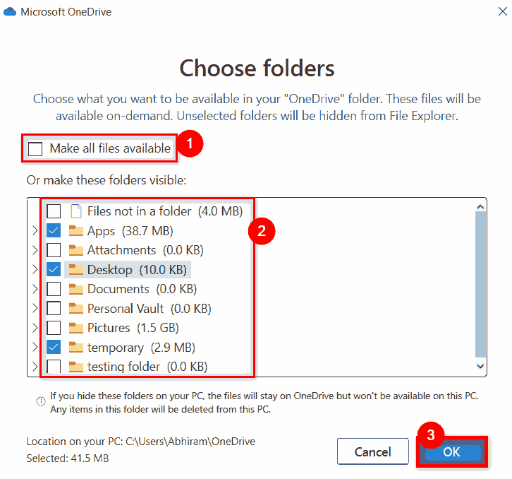 如何在Windows11 OneDrive中选择要同步的特定文件夹？