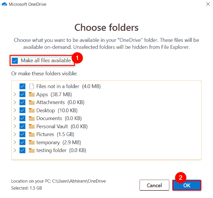 如何在Windows11 OneDrive中选择要同步的特定文件夹？