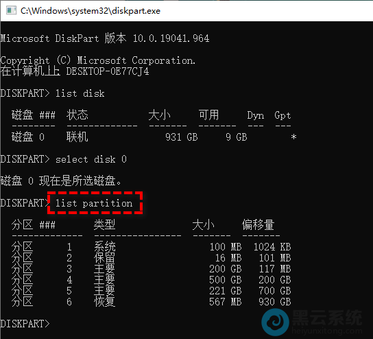 输入list partition命令